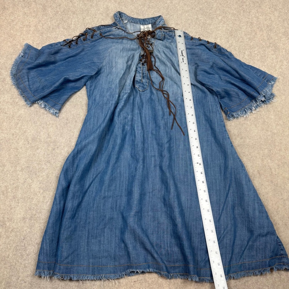 Sage the Label Tencel Denim Dress Womens Large Blue Lace Up Bell Sleeve Frayed